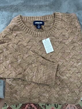 NWT Lands' End Women’s Drifter Cable Crewneck Sweater in Tan with Pink Flecks